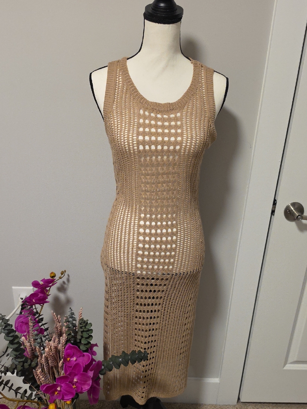 Beige Crochet Swim Coverup Midi Dress